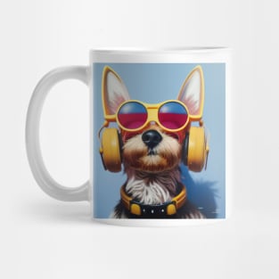 Yorkie Terrier Wearing Yellow Glasses and Headphones Mug